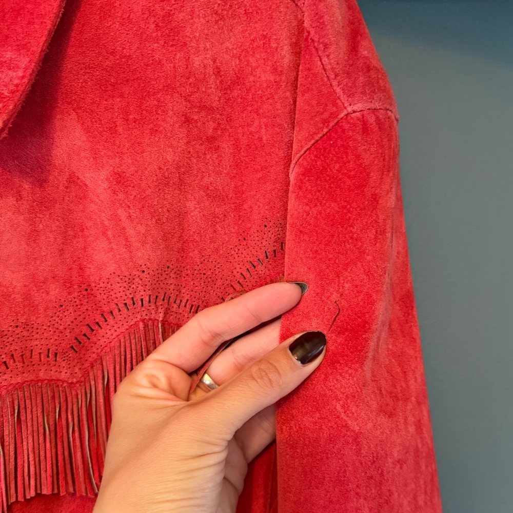 Chico’s western Vermillion Suede Fringed Jacket coral pink sz 3 - Picture 12 of 16